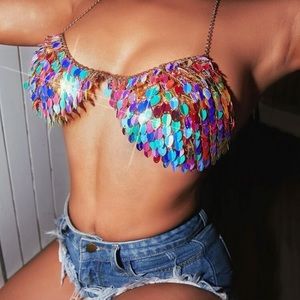 Chain Strap Backless Sequin Halter Top